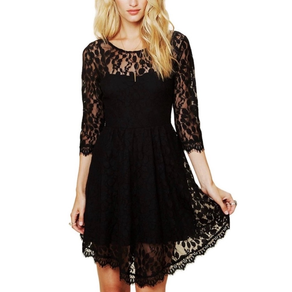 Black Lace Fit & Flare Dress M Sheer Sleeve Mini Skater Romantic Goth NWT